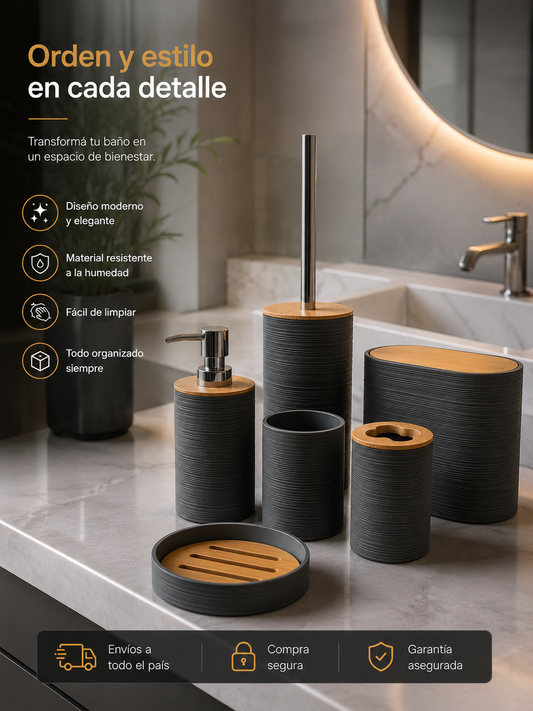 Set de Accesorios para Baño 6 Piezas | Diseño Moderno Gris con Detalles Símil Bambú