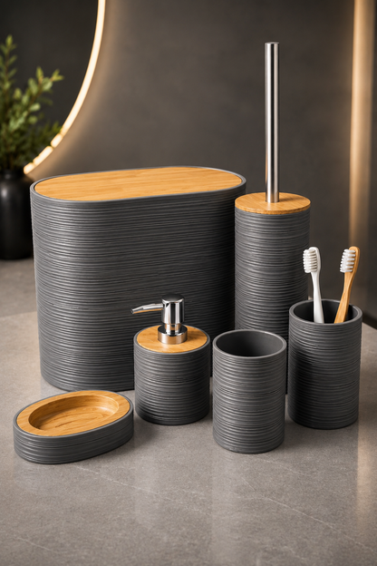 Set de Accesorios para Baño 6 Piezas | Diseño Moderno Gris con Detalles Símil Bambú