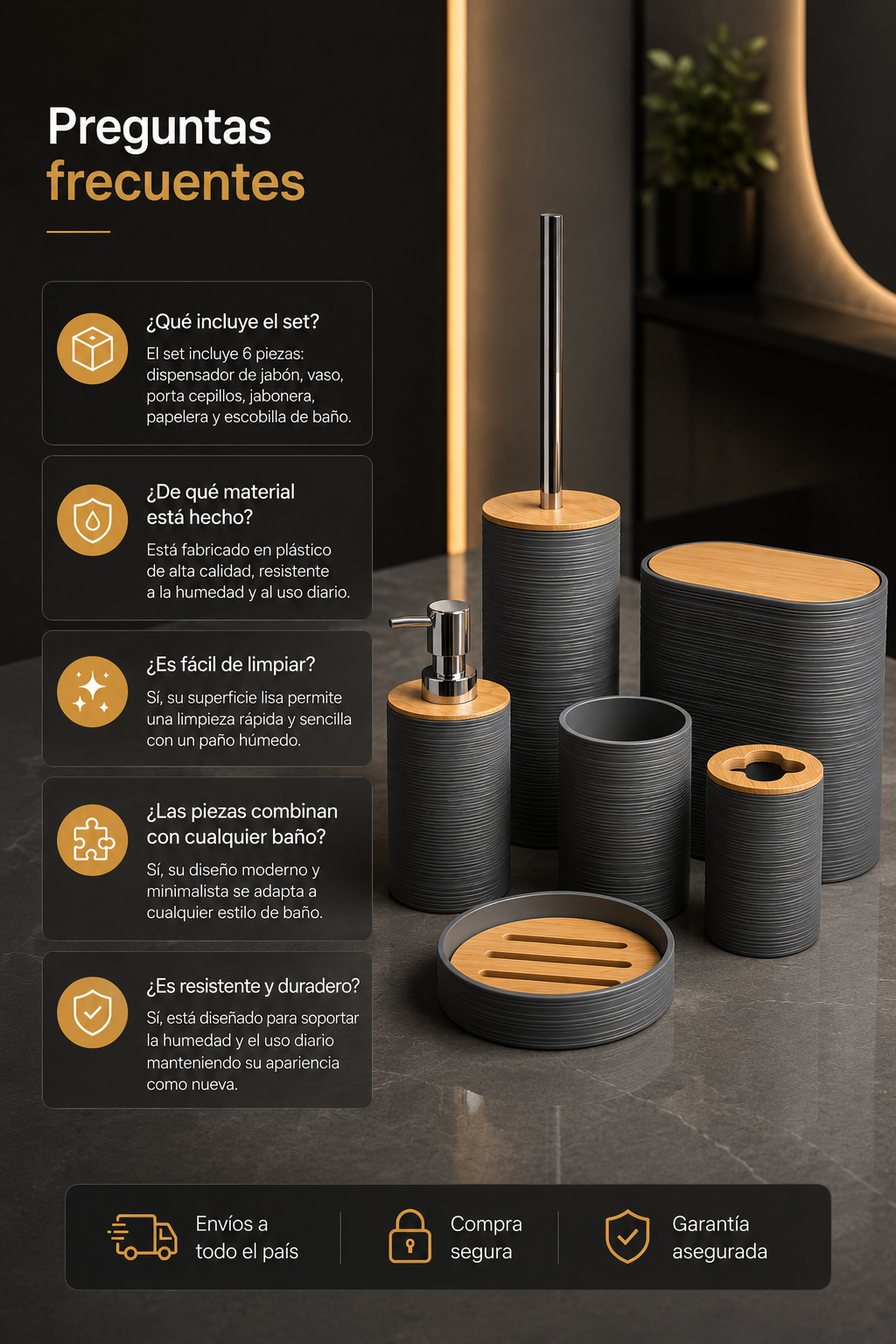 Set de Accesorios para Baño 6 Piezas | Diseño Moderno Gris con Detalles Símil Bambú