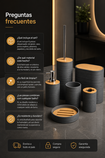 Set de Accesorios para Baño 6 Piezas | Diseño Moderno Gris con Detalles Símil Bambú