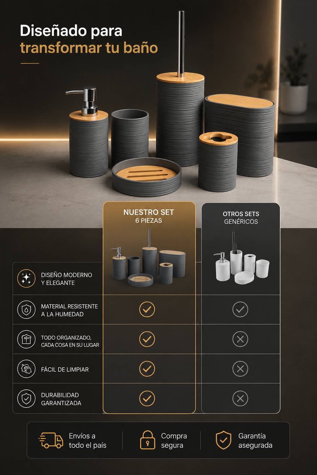 Set de Accesorios para Baño 6 Piezas | Diseño Moderno Gris con Detalles Símil Bambú