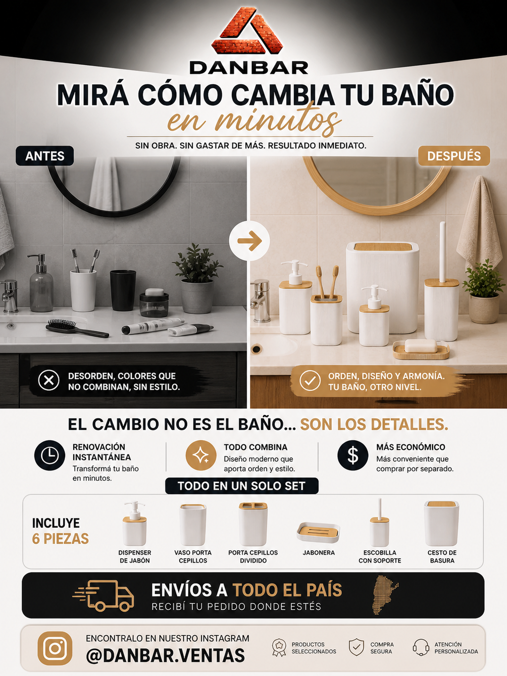 Bathroom Set - Set Baño 6 Piezas Blanco/bambú