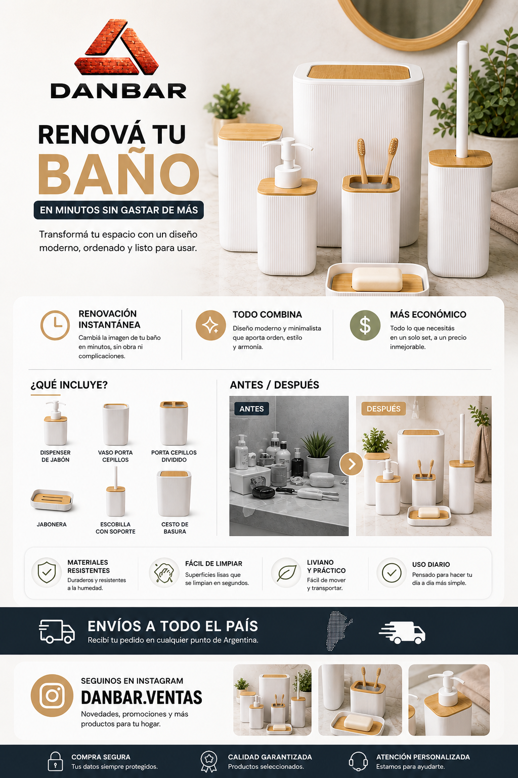 Bathroom Set - Set Baño 6 Piezas Blanco/bambú