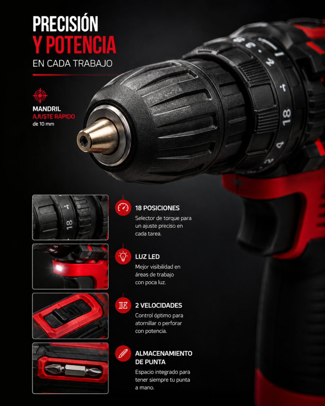 Taladro, percutor y destornillador inalambrico 12v Omaha.