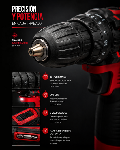 Taladro, percutor y destornillador inalambrico 12v Omaha.