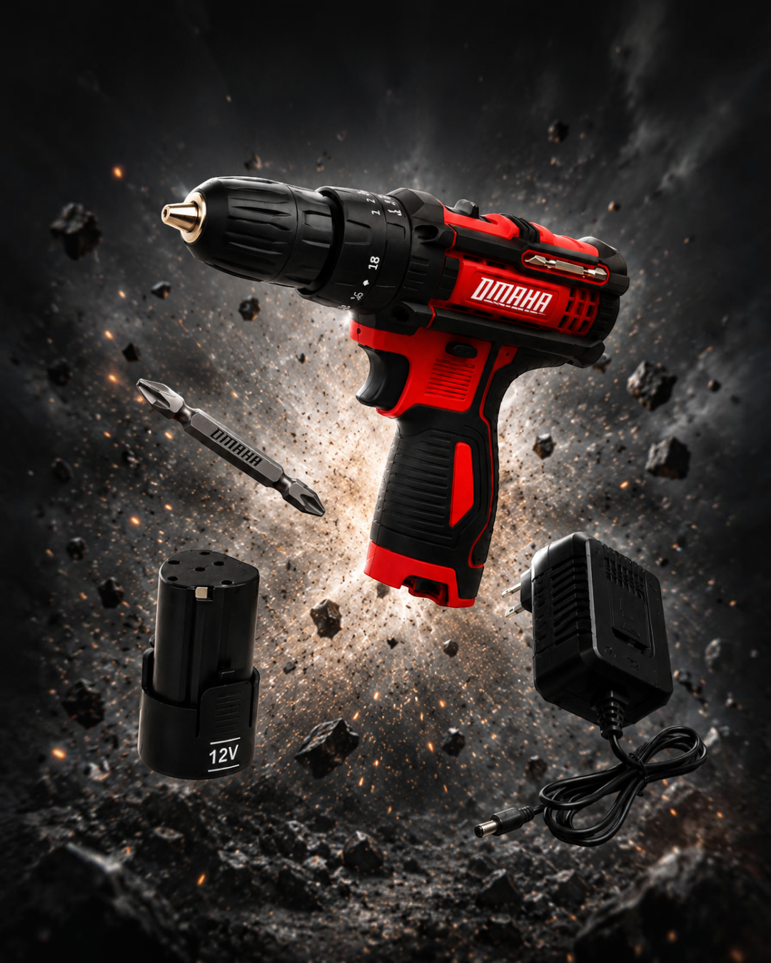 Taladro, percutor y destornillador inalambrico 12v Omaha.