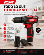 Taladro, percutor y destornillador inalambrico 12v Omaha.