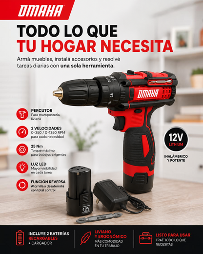 Taladro, percutor y destornillador inalambrico 12v Omaha.