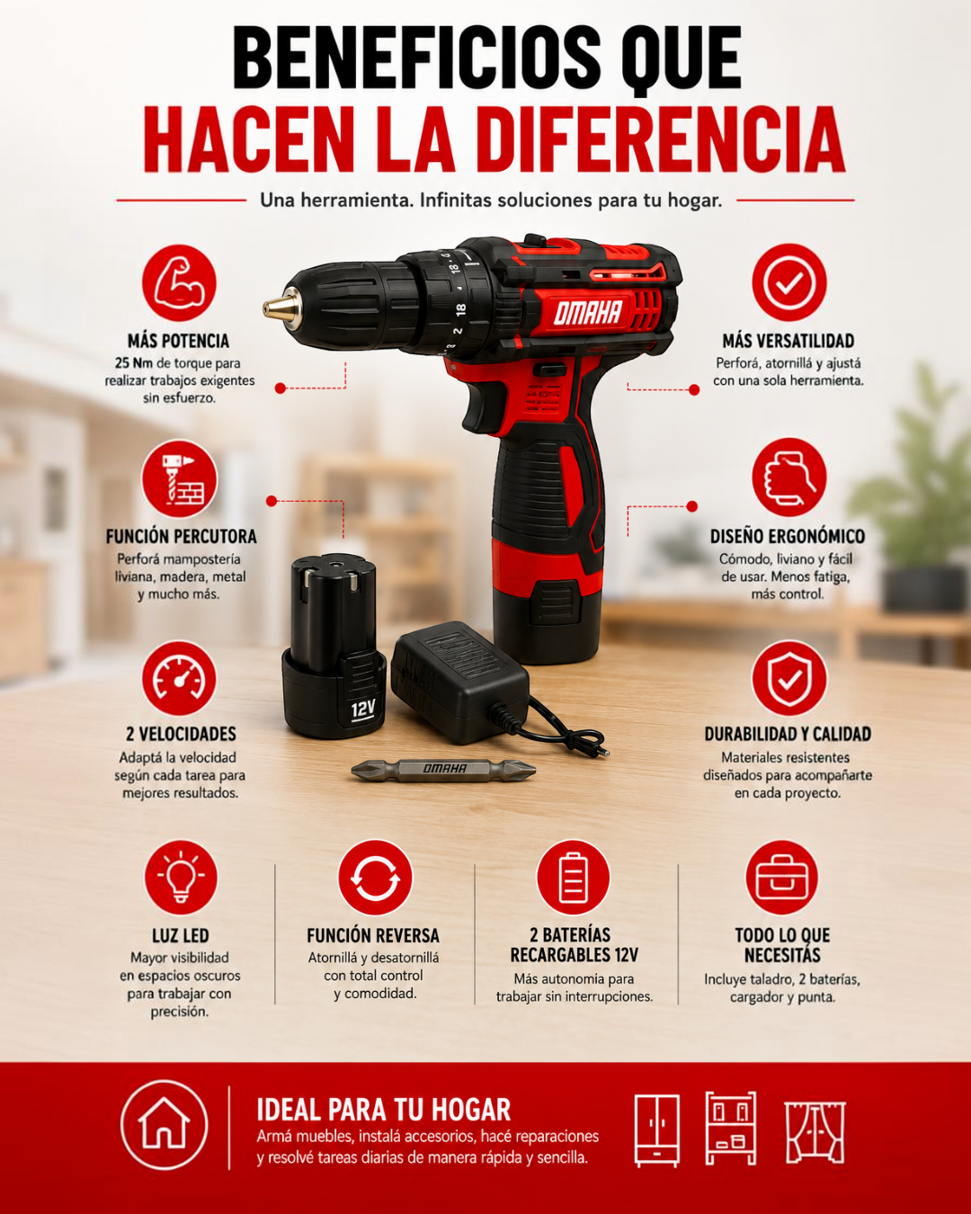 Taladro, percutor y destornillador inalambrico 12v Omaha.