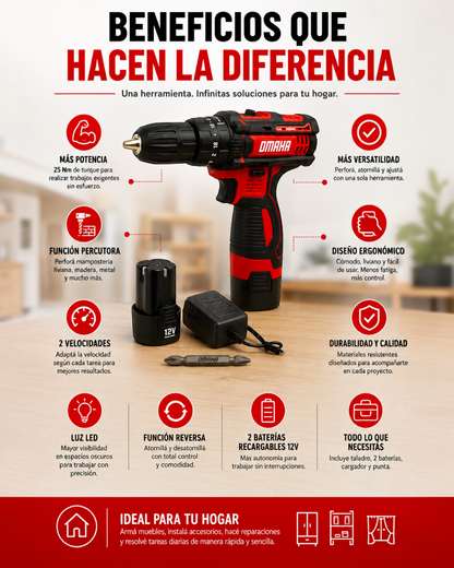 Taladro, percutor y destornillador inalambrico 12v Omaha.