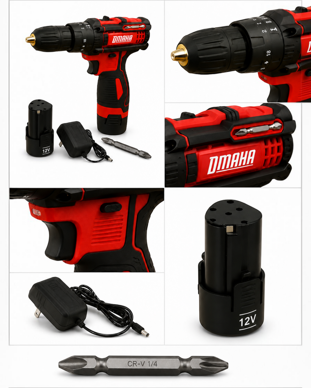 Taladro, percutor y destornillador inalambrico 12v Omaha.