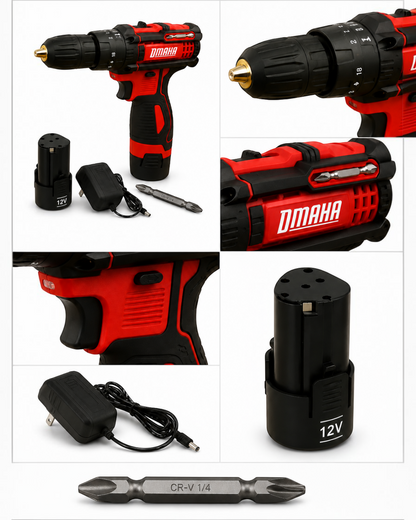 Taladro, percutor y destornillador inalambrico 12v Omaha.