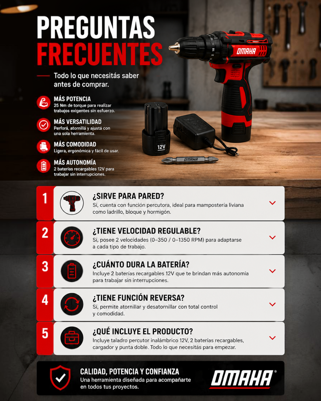 Taladro, percutor y destornillador inalambrico 12v Omaha.