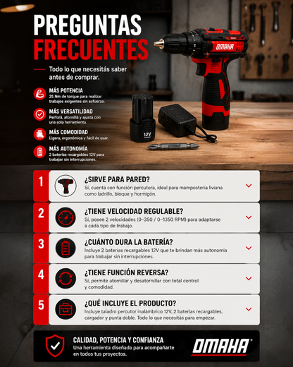 Taladro, percutor y destornillador inalambrico 12v Omaha.
