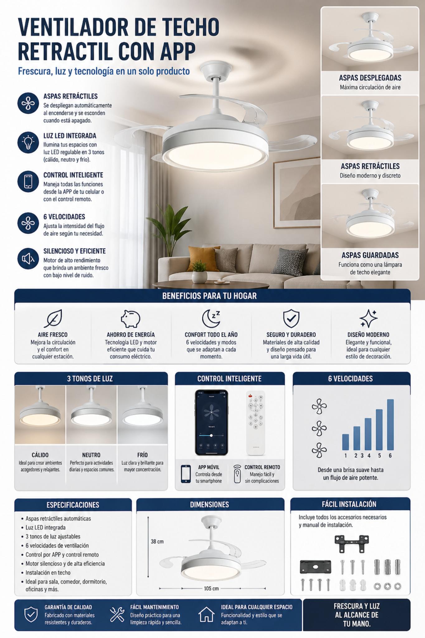 Ventilador retractil 4 aspas. Diseño y Tecnologia en un solo producto.