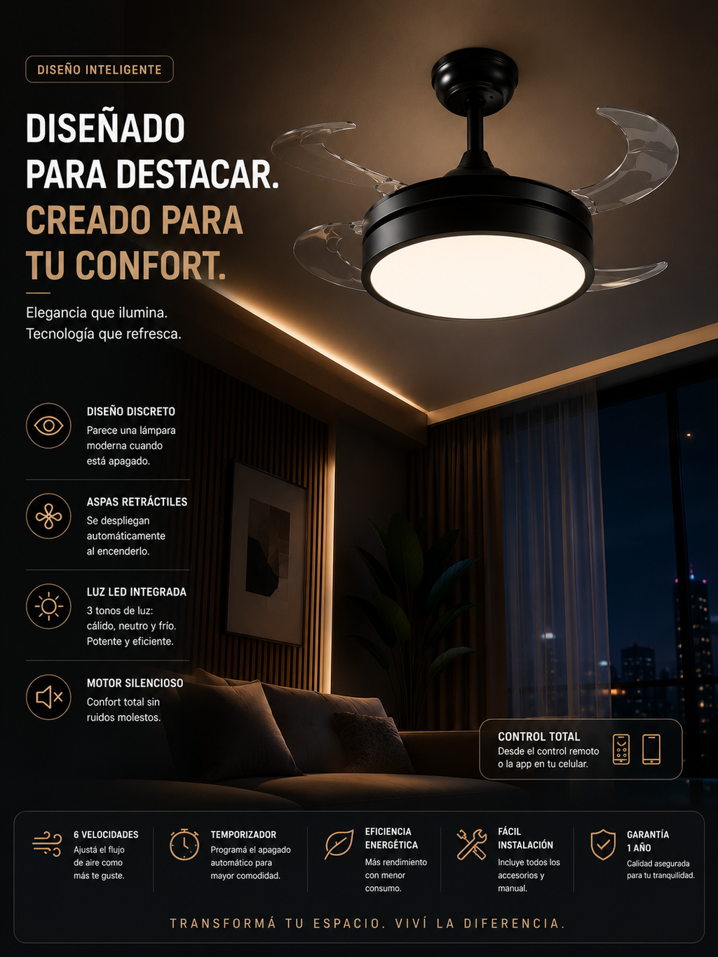 Ventilador retractil 4 aspas. Diseño y Tecnologia en un solo producto.