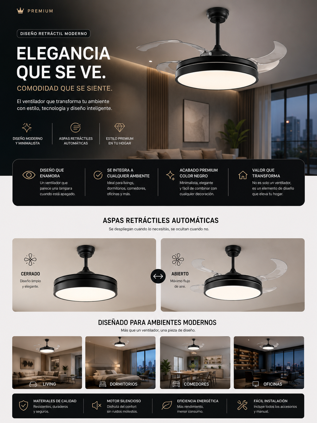 Ventilador retractil 4 aspas. Diseño y Tecnologia en un solo producto.